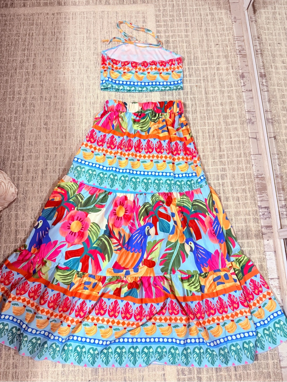 Tropical Parrot Print Maxi Skirt - Bright Multicolor